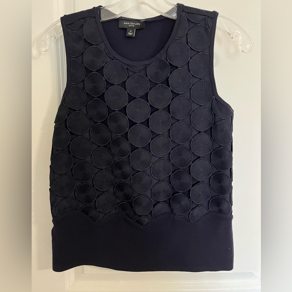 Ann Taylor Navy Mixed media shell. SP